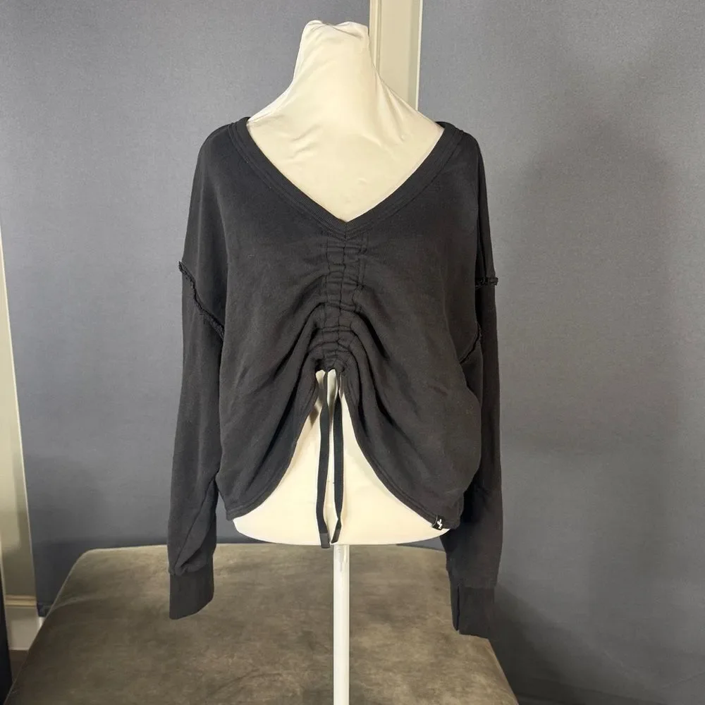 Women’s Joy Lab Black Cinch Front V-Neck Long Sleeve Casual Sweater Size L NWT